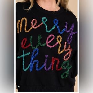 NWOT Merry Everything Black Glitter Script Sweater